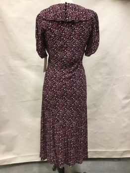Womens, Dress, N/L, Black, Red, Ecru, Polyester, Rayon, Geometric, W 27, B 34, H 36, Black W/red,tan Circle & Oval Print, Round Neck,  with Ruffle Along Neckline & Keyhole Self Tie Knot, Short Sleeve Side Cuff W/matching Button, 6 Buttons Back, Pull-over, 2 Pleat Released Front, Kick Pleat Front & Back Center Hem, 3/4 Length