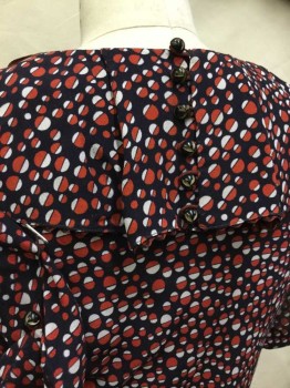 Womens, Dress, N/L, Black, Red, Ecru, Polyester, Rayon, Geometric, W 27, B 34, H 36, Black W/red,tan Circle & Oval Print, Round Neck,  with Ruffle Along Neckline & Keyhole Self Tie Knot, Short Sleeve Side Cuff W/matching Button, 6 Buttons Back, Pull-over, 2 Pleat Released Front, Kick Pleat Front & Back Center Hem, 3/4 Length