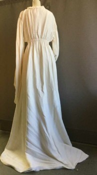 White, Cotton, Silk, Solid, Angel Dress, Drawstring Neck, Elastic Waist, Short In Front with Back Train, Long Medieval Like Sleeves, Lined
