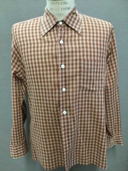 OHRBACH'S, Brown, Rust Orange, White, Cotton, Plaid, Long Sleeve Button Front, 1 Pocket, Early 1980's