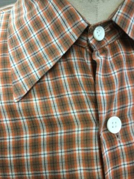Mens, Casual Shirt, OHRBACH'S, Brown, Rust Orange, White, Cotton, Plaid, L, Long Sleeve Button Front, 1 Pocket, Early 1980's