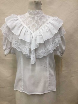 CANDI, White, Cotton, Polyester, Solid, White, White Lace Mandarin/Nehru Collar and Chevron 2 Layers Yoke Front, Short Sleeve,  Button Back