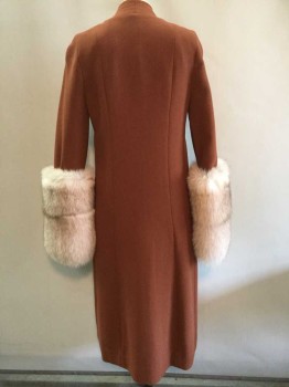 Womens, Coat, MTO, Rust Orange, Charcoal Gray, Wool, Fur, Solid, S, Made To Order, Shawl Collar, No Closures with Interior Tie, Long Fox Fur Cuffs, 2 Pretty Brown Period Buttons,