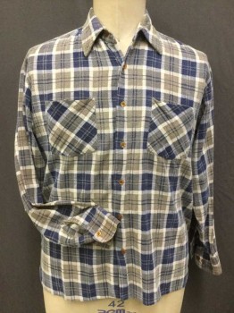SAUCATUK, Cream, Navy Blue, Tan Brown, Cotton, Plaid, Collar Attached, Button Front, Long Sleeves, 2 Pockets