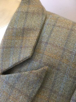 Womens, Blazer, N/L, Sage Green, Gray, Taupe, Mustard Yellow, Blue, Wool, Plaid-  Windowpane, W:28, B:36, Sage with Faint Taupe/Brown/Yellow/Blue Windowpane, Peaked Lapel, 3 Hook & Eye Closures, 2 Curved Hip Pockets, Victorian Inspired Fishtaill Hem with Pleat at Center Back, Made To Order