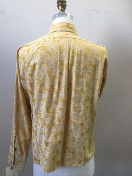MARLBORO, Mustard Yellow, Cream, Polyester, Geometric, Button Front, Collar Attached, Long Sleeves, 1 Pocket, Brocade