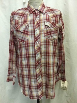 H BAR C, White, Red, Yellow, Cotton, Polyester, Plaid, White/red/yellow Plaid, Button Front, Snap Front, Collar Attached, 2 Flap Pockets