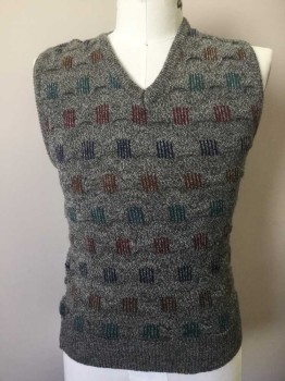 FIELD BROTHERS, Gray, Teal Blue, Maroon Red, Rust Orange, Navy Blue, Wool, Geometric, with Multicolor Lined Squares Pattern, Pullover, V-N, Textured Knit,