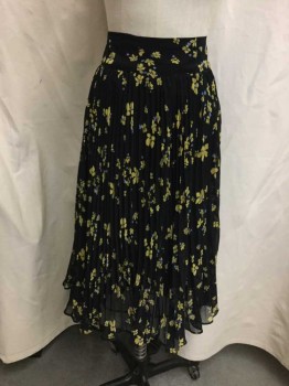 Womens, Skirt, Below Knee, FREE PEOPLE, Black, Periwinkle Blue, Yellow, Polyester, Cotton, Floral, 6, Black, Yellow/ Periwinkle Print, Accordion Pleated
