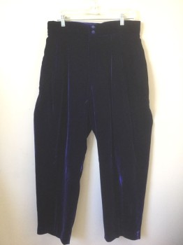 Mens, 1980s Vintage, Formal Pc 3, DROP DEAD COLLECTION, Dk Blue, Royal Blue, Polyester, Solid, I:32, W:32, Extra Pair Of Pants, Velvet, Pleated at 2" Wide Waistband, 2 Buttons & Zip Fly, 2 Pockets, Full Relaxed Leg,