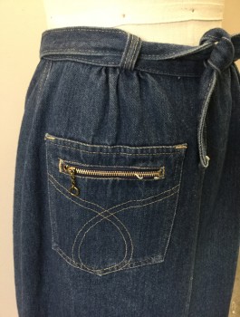 N/L, Denim Blue, Cotton, Solid, Medium Blue Denim Wrap Skirt, Knee Length, 1" Wide Self Waistband with Attached Self Belt Ties, Tan Top Stitching, Gathered at Waistband, 1 Patch Pocket,  with Zip Closure