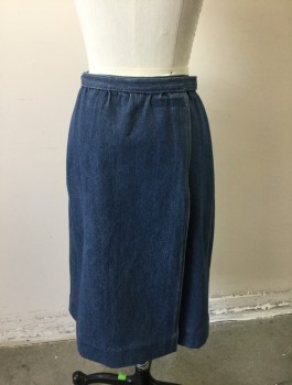 N/L, Denim Blue, Cotton, Solid, Medium Blue Denim Wrap Skirt, Knee Length, 1" Wide Self Waistband with Attached Self Belt Ties, Tan Top Stitching, Gathered at Waistband, 1 Patch Pocket,  with Zip Closure