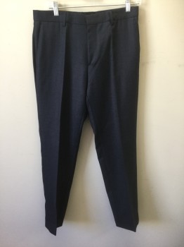 HUGO BOSS, Navy Blue, Wool, Speckled, Solid, Flat Front, Zip Fly, 4 Pockets, Straight Leg