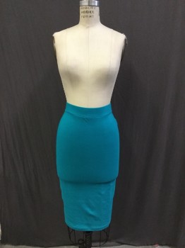 Womens, Skirt, Knee Length, FOREVER 21, Turquoise Blue, Cotton, Lycra, Solid, S, Jersey Knit Pencil, Elasticated Waist