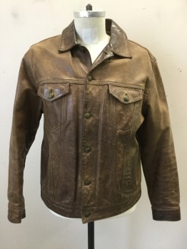 Mens, Leather Jacket, GAP BLUE JEANS, Brown, Leather, Solid, L, Jean-style Leather Jacket, Button Front, Collar Attached, 4 Pockets, Long Sleeves,