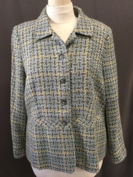 AVENUE, Gray, Sage Green, Yellow, Aqua Blue, Wool, Tweed, Collar Attached, Button Front,