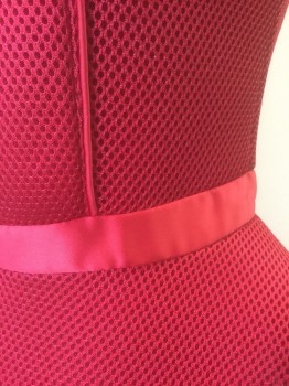 Womens, Top, MAJE, Red, Polyester, Solid, S, Thick Neoprene Mesh, Sleeveless, Peplum Waist, Scoop Neck, Princess Seams, 1" Wide Satin Waistband, Invisible Zipper at Center Back
