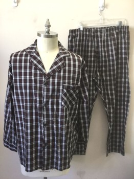 Mens, Sleepwear PJ Top, HANES, Black, White, Red, Cotton, Polyester, Plaid-  Windowpane, XL, Black with White and Red Windowpane Stripes, Long Sleeve Button Front, Rounded Notch Lapel, 1 Patch Pocket at Chest, Self Piping Trim