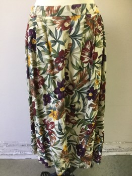 ALFRED DUNNER, Beige, Maroon Red, Dijon Yellow, Dk Purple, Dk Green, Cotton, Polyester, Floral, Elastic Back,  Faux Button Front, Triple Pleat Front, Tropical Flowers