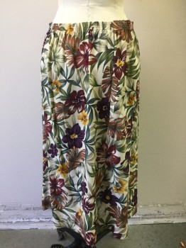 ALFRED DUNNER, Beige, Maroon Red, Dijon Yellow, Dk Purple, Dk Green, Cotton, Polyester, Floral, Elastic Back,  Faux Button Front, Triple Pleat Front, Tropical Flowers