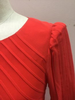 KAREN MILLEN, Red, Silk, Solid, Silk Chiffon, Puffy Short Sleeves, Round Neck,  1/4" Wide Pleats in Chevron Pattern at Bust/Torso, Vertical at Sleeves, Chemically Set Pleats on Skirt, Knee Length