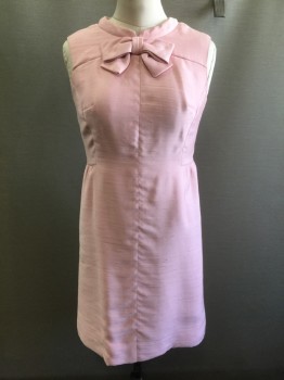N/L, Lt Pink, Silk, Solid, Slubbed Texture, Sleeveless, Round Neck with Self Bow at Center Front, Princess Seams, Sheath Fit, Gathered at Sides of Waist, Hem Above Knee,
