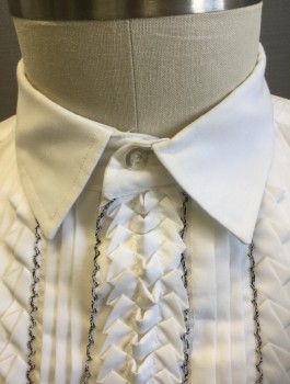 Mens, Formal Shirt, UGO VALLINI, White, Poly/Cotton, Solid, Slv:35, N:16, Long Sleeve Button Front, Collar Attached, Pleated and Ruffled Front with Black Scallopped Stitching, French Cuffs