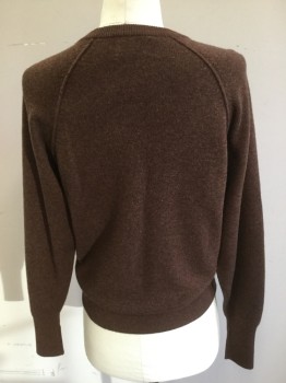 Mens, Pullover Sweater, CARROL & CO, Brown, Wool, Solid, M, Heathered Brown with Orange and Olive Micro Weave, Crew Neck,