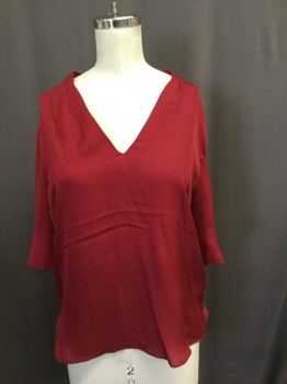 Womens, Top, JOIE, Red, Silk, Solid, S, High/low, V-neck, Short Sleeves,