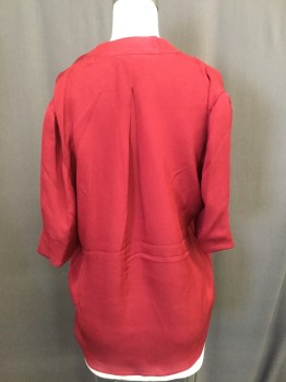 Womens, Top, JOIE, Red, Silk, Solid, S, High/low, V-neck, Short Sleeves,
