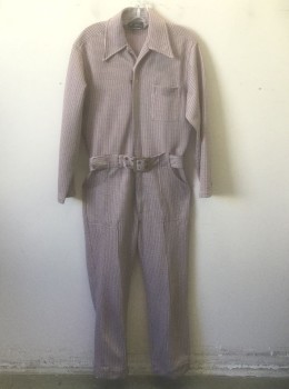 Mens, Jumpsuit, DIPLOMAT AFTER HOURS, White, Black, Cherry Red, Polyester, Check - Micro , W:34, M, Ins:30, Disco Jumpsuit, Long Sleeves, Zip Front, Collar Attached, 4 Pockets (2 Side Pockets, 1 Patch Pocket on Chest and One in Back), Wide 1.5" Belt Loops, 1970's  **Has Matching BELT with Gold Buckle **1 Belt Loop is Damaged