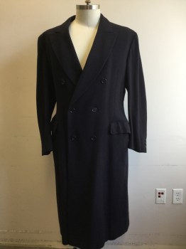 FACCONABLE, Navy Blue, Wool, Herringbone, Double Breasted, Collar Attached, Notched Lapel, 2 Flap Pockets, Hem Below Knee, Center Back Pleat, Back Waist Tab Belt, Buttonned Back Slit