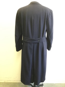 FACCONABLE, Navy Blue, Wool, Herringbone, Double Breasted, Collar Attached, Notched Lapel, 2 Flap Pockets, Hem Below Knee, Center Back Pleat, Back Waist Tab Belt, Buttonned Back Slit