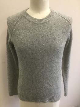 Mens, Pullover Sweater, SHIPLEY & HALMOS, Gray, Dk Gray, Lt Gray, Wool, Speckled, L, Gray with Shades of Gray Specked Wool, Long Sleeves, Round Neck,  Raglan Sleeves