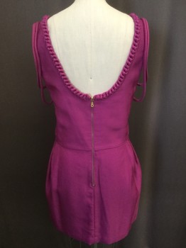 MULBERRY, Magenta Pink, Acetate, Silk, Solid, Tank Style, Scoop Neck and Black, Appliqued Rope Detail Throughout, Gold  Back Zipper, Above Knee