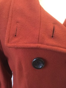 PORTRAIT, Rust Orange, Wool, Solid, Double Breasted, Fold Down Stand Collar, 2 Pockets, Panel at Center Back Waist with 4 Buttons, Below Hip Length, Solid Black Lining