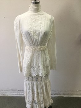 MTO, Ivory White, Cotton, Floral, Batiste with a Floral Eyelet, Delicate Lace Insets Throughout, High Collar, Long Sleeves, Pin Tucks, Two Tiers, Small Button Up Back,