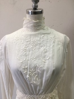 MTO, Ivory White, Cotton, Floral, Batiste with a Floral Eyelet, Delicate Lace Insets Throughout, High Collar, Long Sleeves, Pin Tucks, Two Tiers, Small Button Up Back,