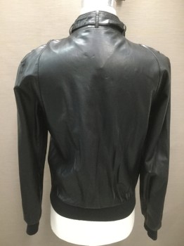 Mens, Leather Jacket, MEMBERS ONLY, Black, Polyurethane, Solid, Small, Zip Front, Epaulets, Rib Knit Collar/Cuffs/Waistband