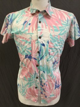 Mens, Hawaiian Shirt, DESIGN UNLIKELY FEAT, Off White, Pink, Mint Green, Royal Blue, Cotton, Leaves/Vines , S, Off White with Pink/mint/royal Blue Palm Leaves, Collar Attached, Button Front, 2 Pockets, Short Sleeves,