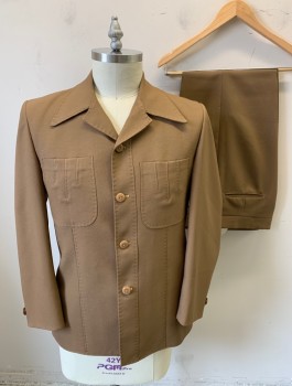 BROOKFIELD CLOTHES, Lt Brown, Polyester, Solid, Leisure Suit, 4 Buttons, Collar Attached, 2 Patch Pockets, Top Stitching Detail Throughout, Rust Lining,