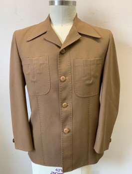 Mens, 1970s Vintage, Suit, Jacket, BROOKFIELD CLOTHES, Lt Brown, Polyester, Solid, 42R, Leisure Suit, 4 Buttons, Collar Attached, 2 Patch Pockets, Top Stitching Detail Throughout, Rust Lining,