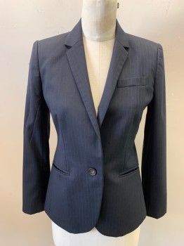 Womens, Suit, Jacket, J CREW, Navy Blue, Wool, Stripes - Pin, 0, Jacket, 1 Button, 3 Pockets, Notch Lapel, 4 Button Cuffs, Single Vent
