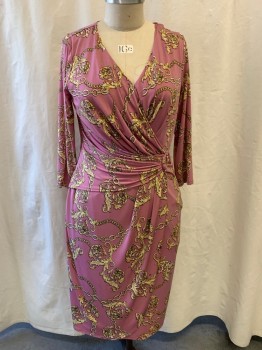 THALIA SODI, Rose Pink, Lt Yellow, Polyester, Spandex, Vine & Chain Print, V-neck, Long Sleeves, Zip Back, Pleated Front, Self Belt with Gold Buckles