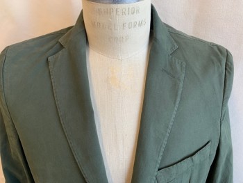 Mens, Sportcoat/Blazer, OFFICINE GENERALE, Olive Green, Cotton, Solid, 38S, Hand Stitches on Front Placket Trim & Notched Lapel Trim and Vertical Center Back,  Single Breasted, 2 Button Front, 3 Pockets, Long Sleeves, 2 Split Back Hem