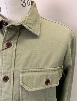 BR-HTG, Olive Green, Cotton, Solid, Button Front, Collar Attached, 2 Flap Patch Pockets, Long Sleeves, Button Cuff