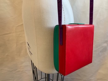 NEIMAN MARCUS, Purple, Red, Green, Yellow, Leather, Color Blocking, Square, Hard, Snap Tab Closure, Long Strap