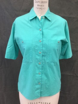 Womens, Shirt, THE WOOLRICH WOMAN, Sea Foam Green, Cotton, Solid, S, Short Sleeves, Button Front, Collar Attached, 2 Pockets, Hem Lower in Back