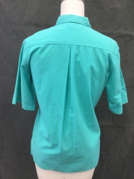 THE WOOLRICH WOMAN, Sea Foam Green, Cotton, Solid, Short Sleeves, Button Front, Collar Attached, 2 Pockets, Hem Lower in Back