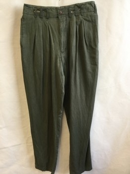 MANEUVERS, Olive Green, Cotton, Rayon, Solid, 2" Waistband with 2 Sets of Triple Belt Hoops Front, 3 Pleat, Button Front, 3 Pockets (worn Out Holes/fray Front & Back)